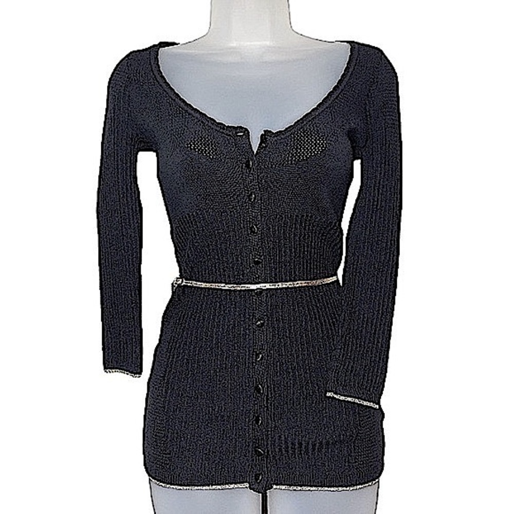 Y2K GUESS Metallic Gold Trim Button Up Scalloped Trim Knit Cardigan Black Small